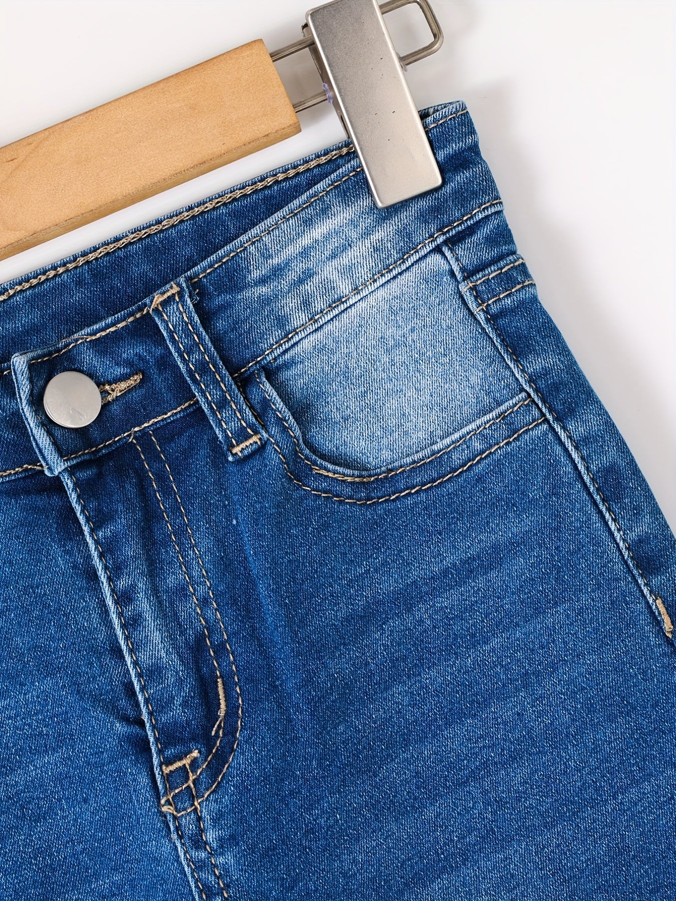 Girls' Stretch Straight Leg Jeans Slightly Frayed Denim Trousers