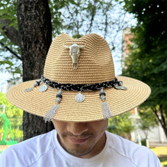 Bohemian Men's Sun Hat with Cow Head Pendant