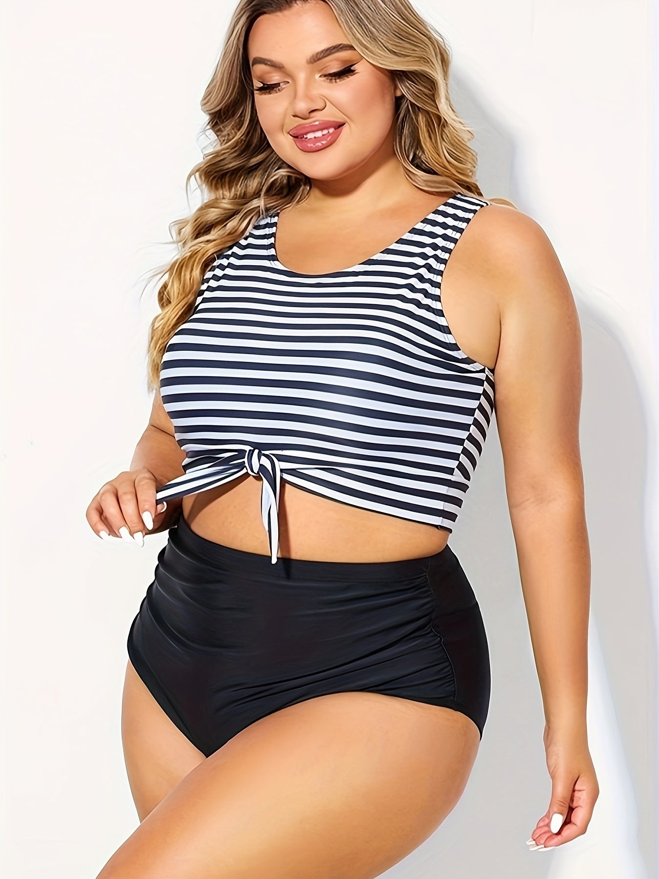 Modest Tankini Set Women's Plus Knot Front Crop Top Swimsuit