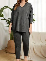 Solid Long Sleeve V Neck Top & Pants Pajamas Set