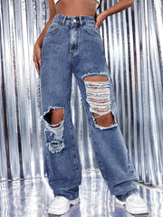 Distressed High Rise Wide Leg Jeans Ripped Knee Cut Denim Pants