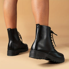Women's Chunky Heel Combat Boots Solid Lace Up Short Boots
