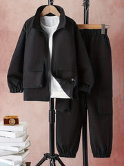Boy's 2pcs Zip Up Jacket & Cargo Pants Set Solid Long Sleeve Top