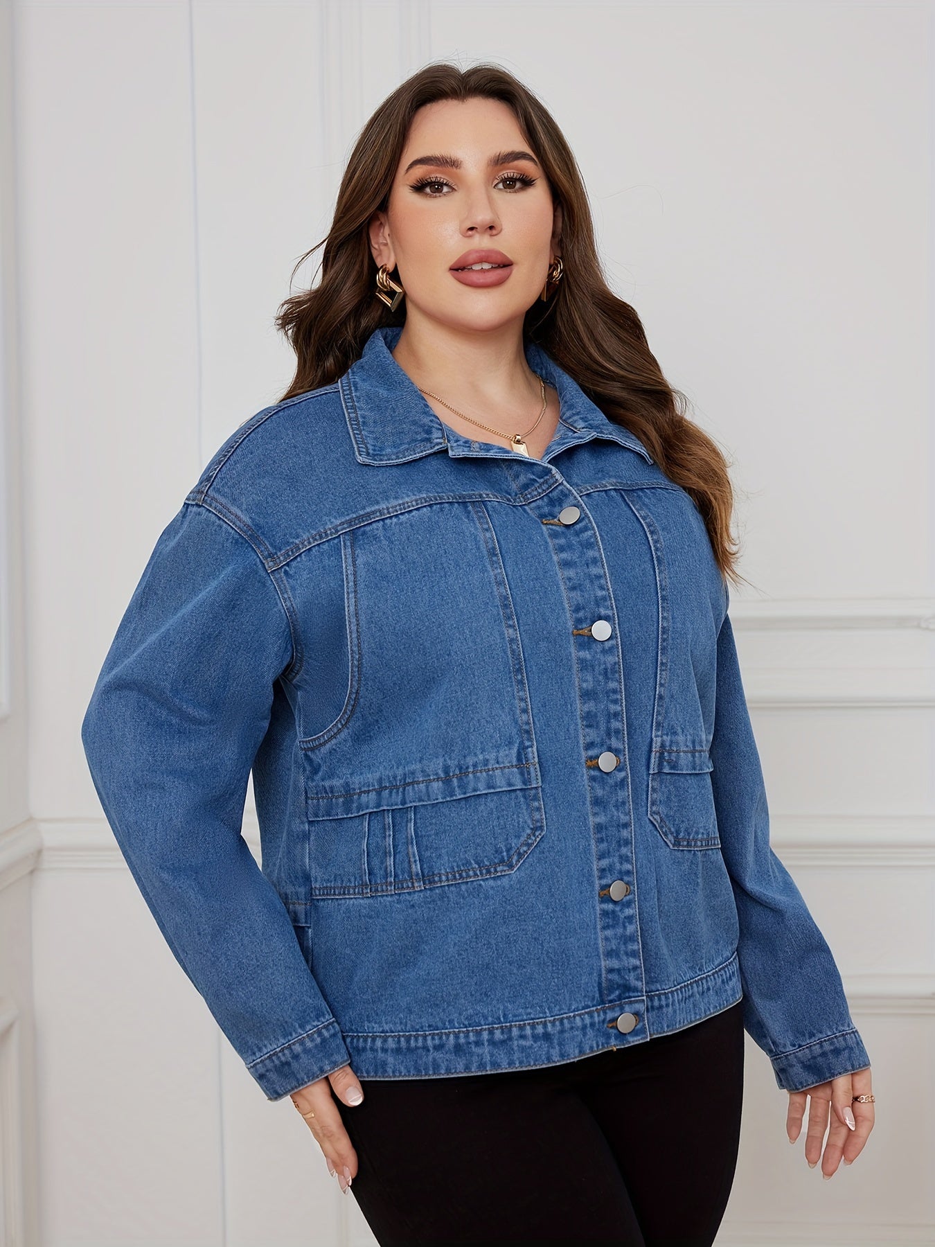 Casual Denim Top Women's Plus Solid Pipping Long Sleeve