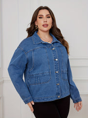 Casual Denim Top Women's Plus Solid Pipping Long Sleeve