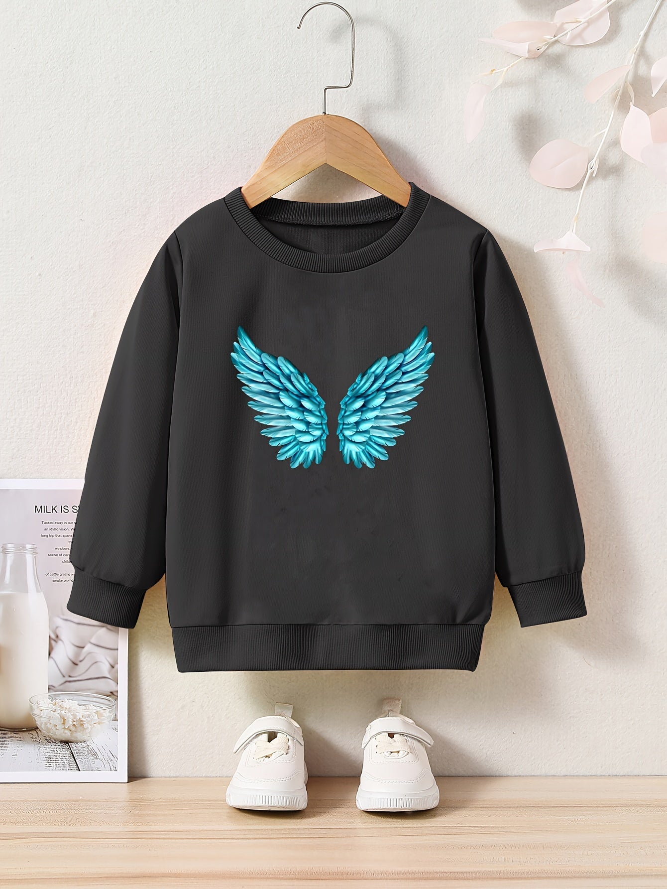 Wings Print Sweatshirt Girls Casual Graphic Crew Neck Pullover Sweatshirt