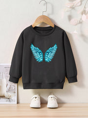 Wings Print Sweatshirt Girls Casual Graphic Crew Neck Pullover Sweatshirt