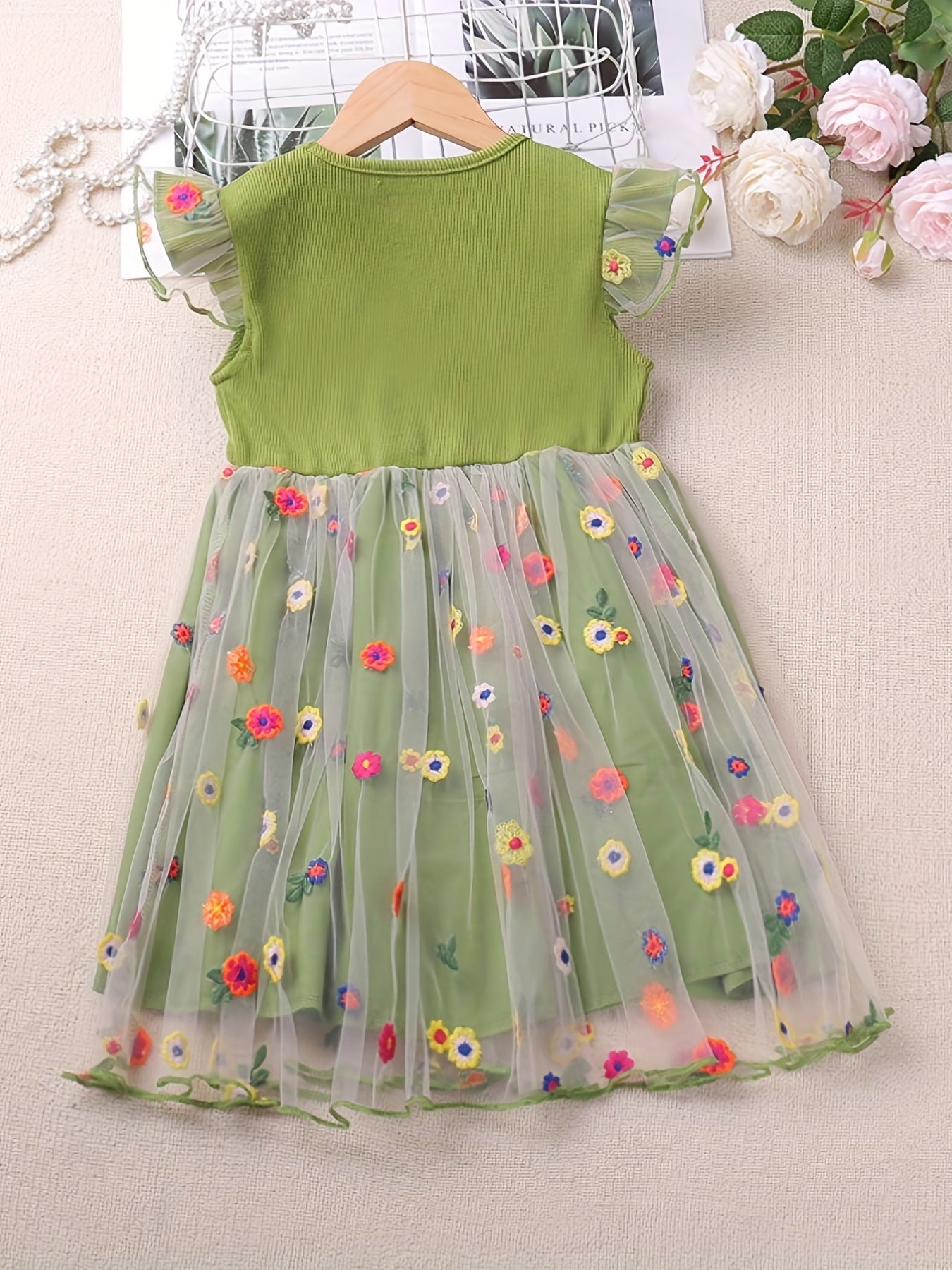Toddler Girls Mesh Ruffled Sleeves Colorful Flowers Embroidery Splicing Princess