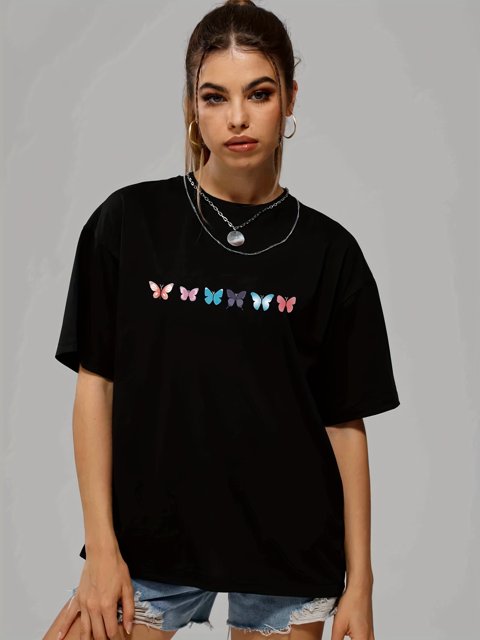 Butterfly Print Casual Sports T shirts Solid Crew Neck Hip hop Summer Tee