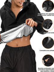 2pcs Sauna Sweat Sports Set Zipper Sweat Hoodie & Sweat Pants Suit