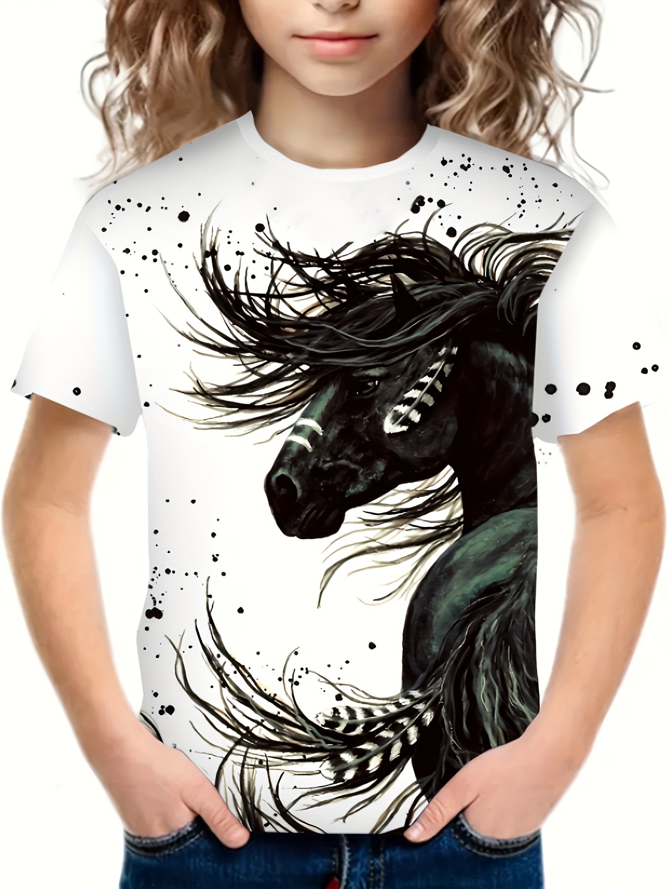 3D Horse Graphic Short Sleeve T shirt Boys Girls Western Style