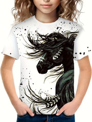 3D Horse Graphic Short Sleeve T shirt Boys Girls Western Style