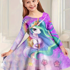 Dreamy Unicorn Pattern Long Sleeve Dress Girls Comfy Dresses