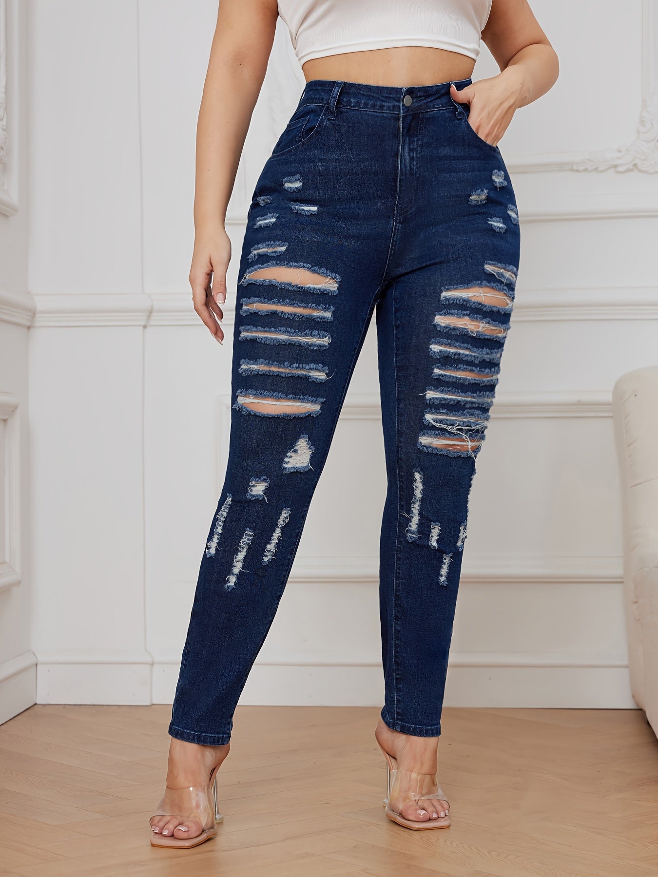 High Rise Skinny Jeans Washed Ripped Button Fly