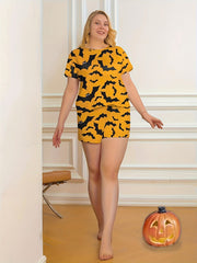 Bat Print Pajama Set Women's Plus Short Sleeve Tee & Shorts Set