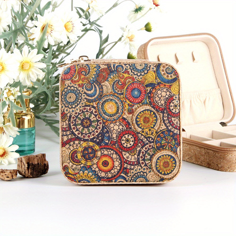 Vintage Pattern Square Jewelry Box Zipper Portable Organizer