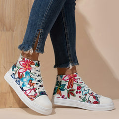 Flower Pattern Canvas Shoes Mid Top Lace Up Sneakers Lightweight Skate Shoes