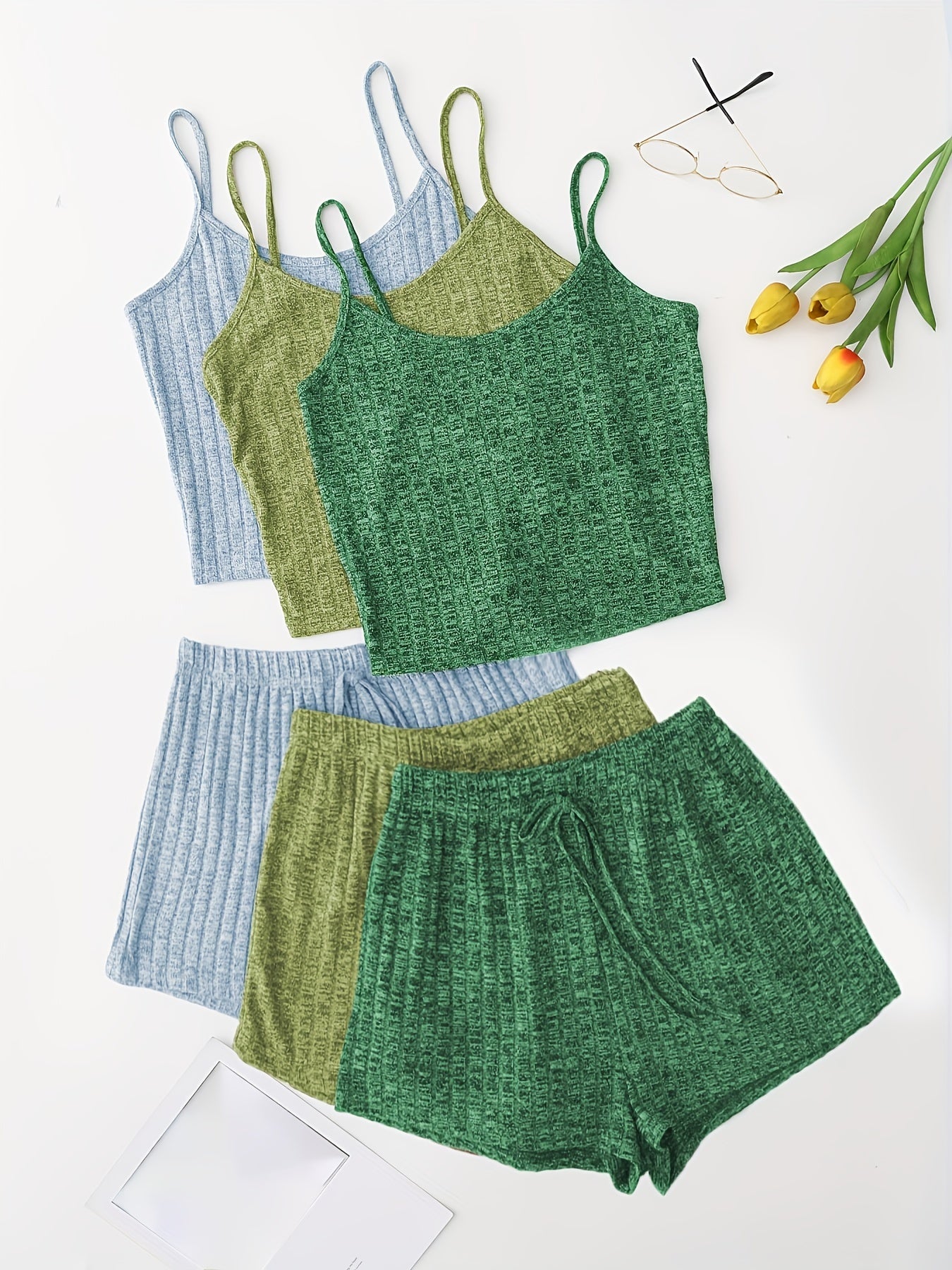 6 Pack Plus Size Basic Pajama Set Women's Plus Ribbed Knit Cami Top & Shorts