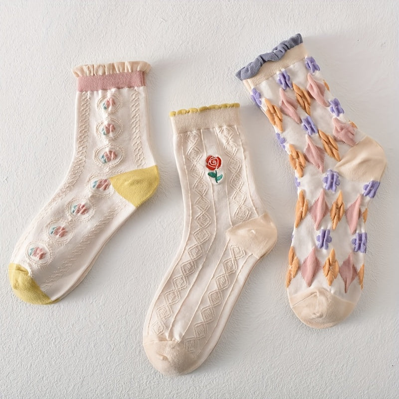 3 Pairs Floral Print Comfy Mid Tube Socks Women's Stockings & Hosiery