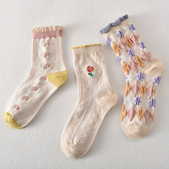 3 Pairs Floral Print Comfy Mid Tube Socks Women's Stockings & Hosiery