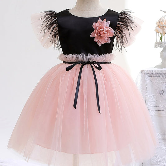 Toddler Girls Butterfly Sleeves Feather Flowers Decor Princess Dress