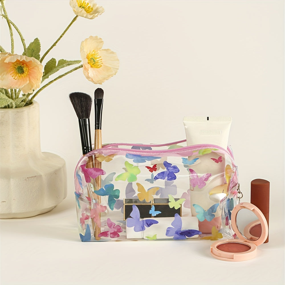 Colorful Butterfly Square Makeup Bag PVC Waterproof Zipper Roomy Makeup Pouch