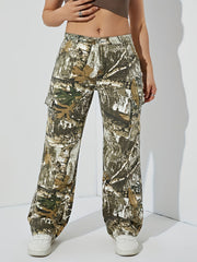 Retro Jeans Women's Plus Leaf Print Cargo Denim Pants
