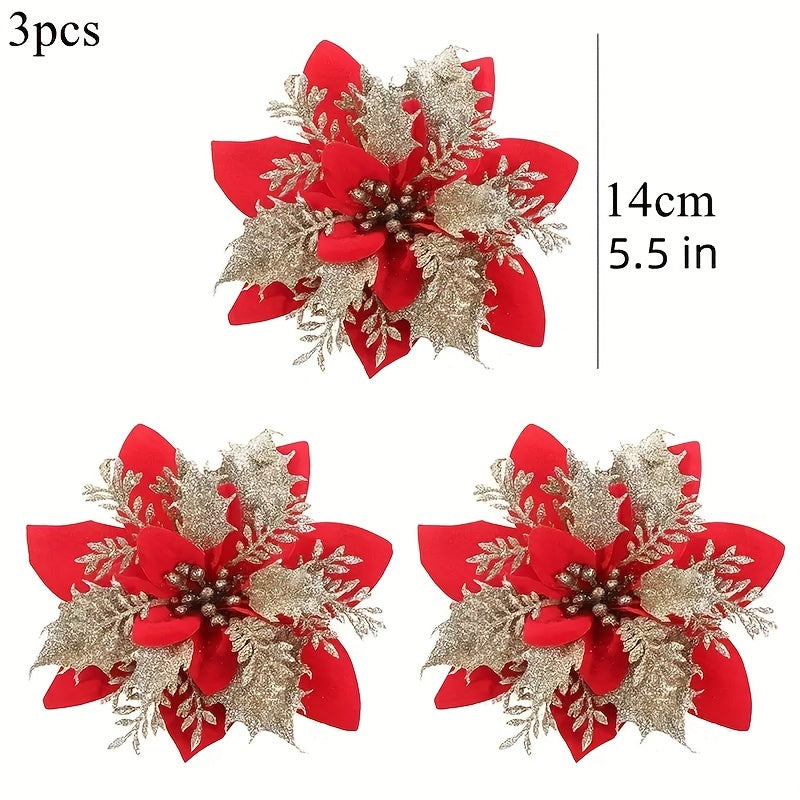 3pcs Sparkling Christmas Flowers DIY Tree Decoration & Wreath Garland