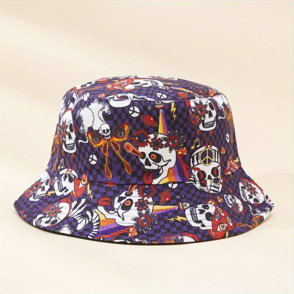 Skull Rose Print Sunshade Bucket Hat for Outdoor Travel