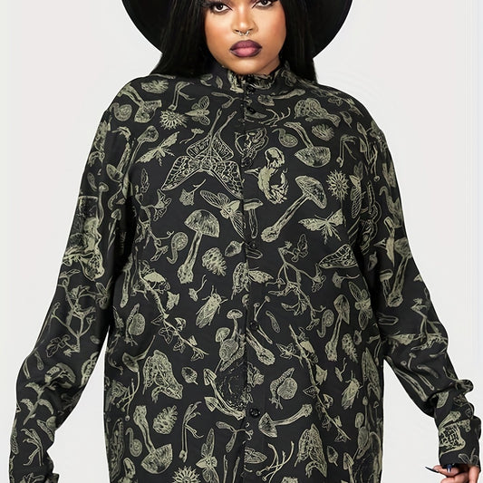 Goth Blouse Mushroom Print Button Up Mock Neck Blouse