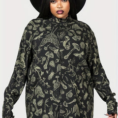 Goth Blouse Mushroom Print Button Up Mock Neck Blouse