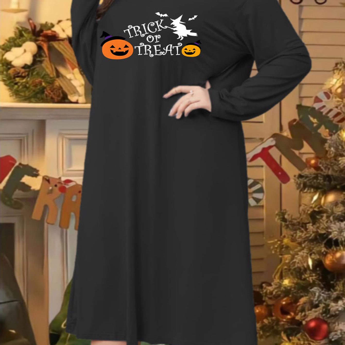 Halloween Lounge Dress Women's Plus Cartoon Witch & Funny Pumpkin