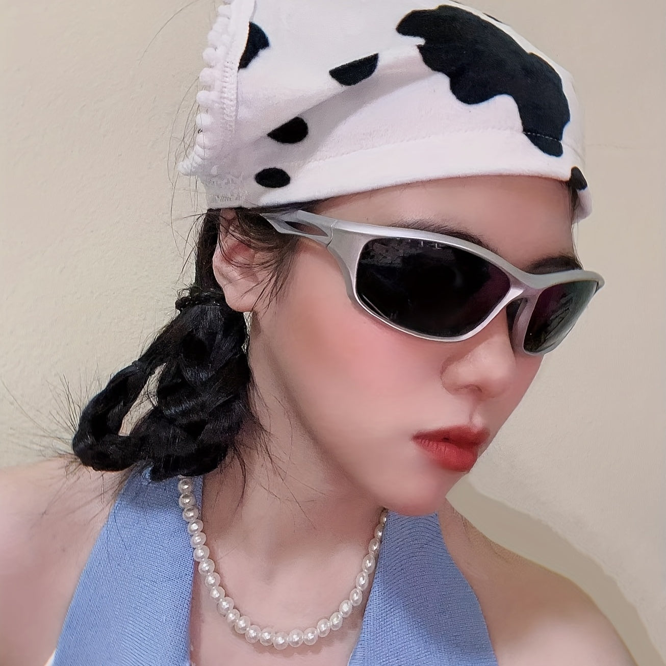 90s Cow Pattern Triangle Scarf Y2K Turban Bandana Women Head Wrap