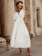 V Neck Pleated Ruffle Maxi Party Dress
