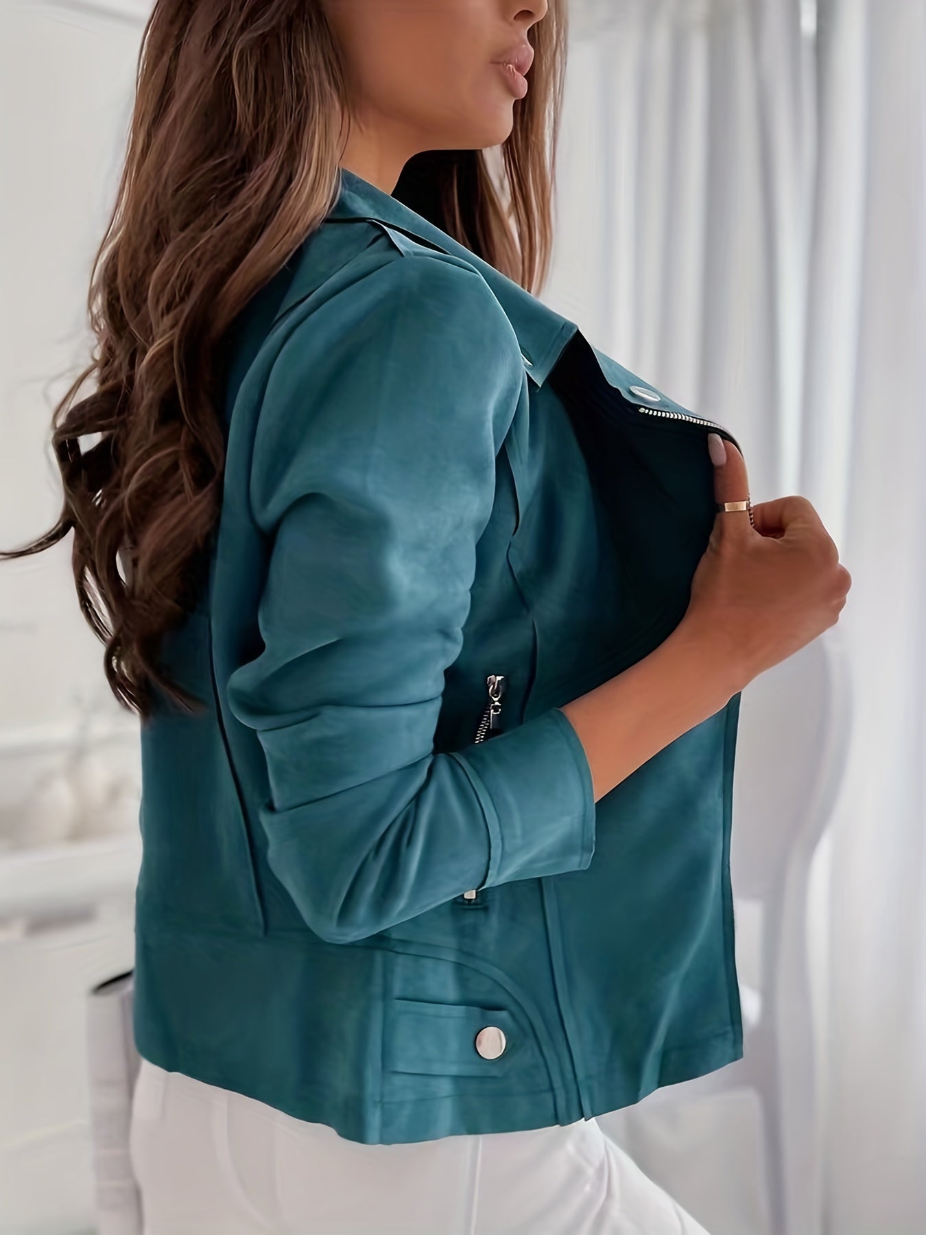 Solid Zipper Biker Jacket Waterfall Collar Outerwear Women's Clothing