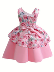 Girls Sleeveless Rose Flower Graphic Bow Princess Dress