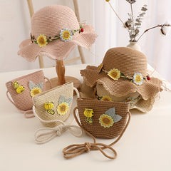 Girls' Beach Princess Straw Sun Hat with Flowers and Bag