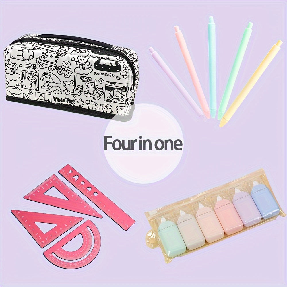Cartoon Pattern Pencil Case with Pens, Ruler, and Correction Tape Set
