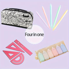 Cartoon Pattern Pencil Case with Pens, Ruler, and Correction Tape Set