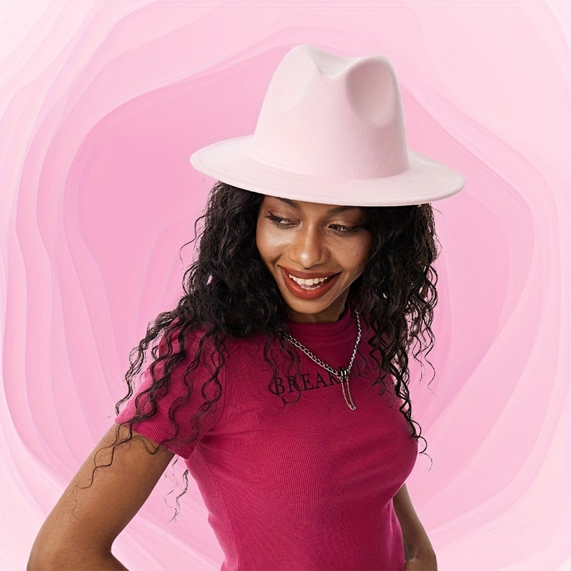 Light Pink Y2K Fedora Cap Wide Brim Felt Hat for Women