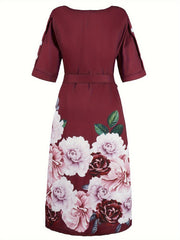 Women's Plus Floral Print Button Decor Short Sleeve Dress