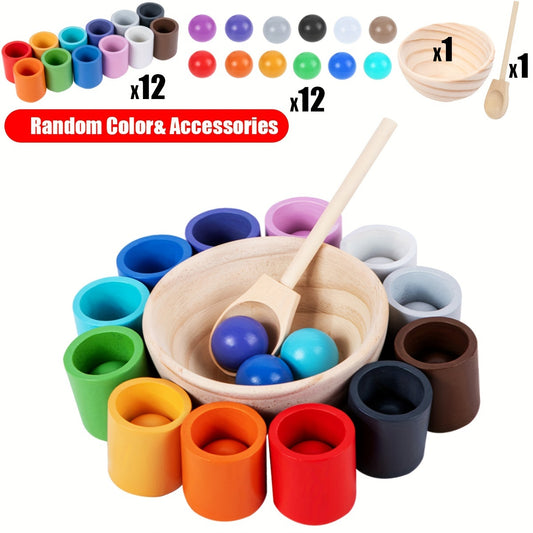Rainbow Wooden Sorter Game Colorful Ball & Cups Fine Motor Skills Educational