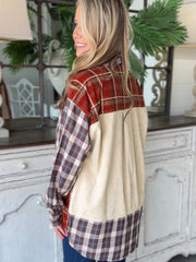 Plaid Corduroy Patchwork Shacket Long Sleeve Jacket