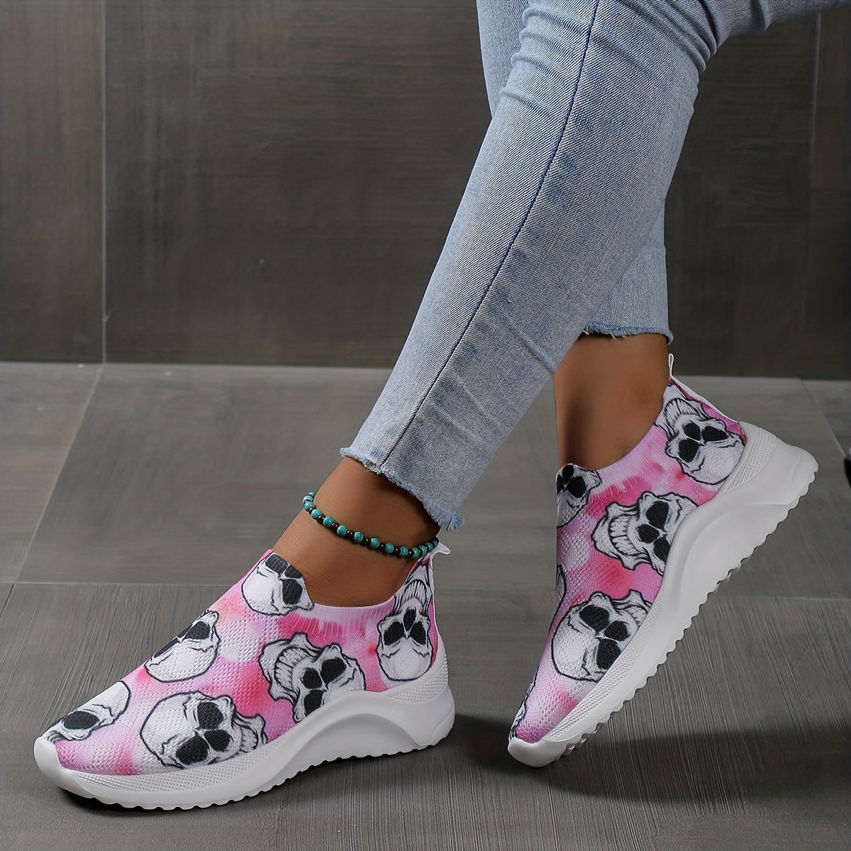 Women's Skull Pattern Sneaker Low Round Toe Non Slip Halloween Shoes