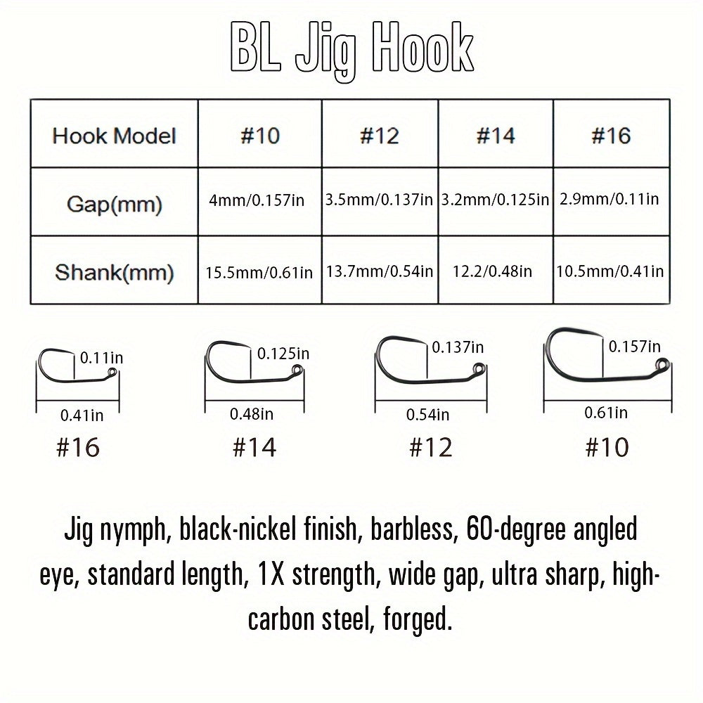 50pcs Barbless Jig Nymph Euro Nymph Hooks 10 12 14 16
