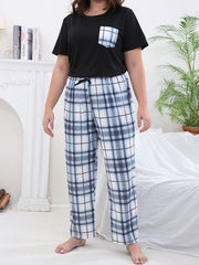 Plaid Print Tee & Pants Lounge Set - Women's Casual 2 Piece