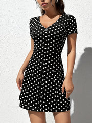 Polka Dot Button Front Dress V Neck Short Sleeve Casual Dress