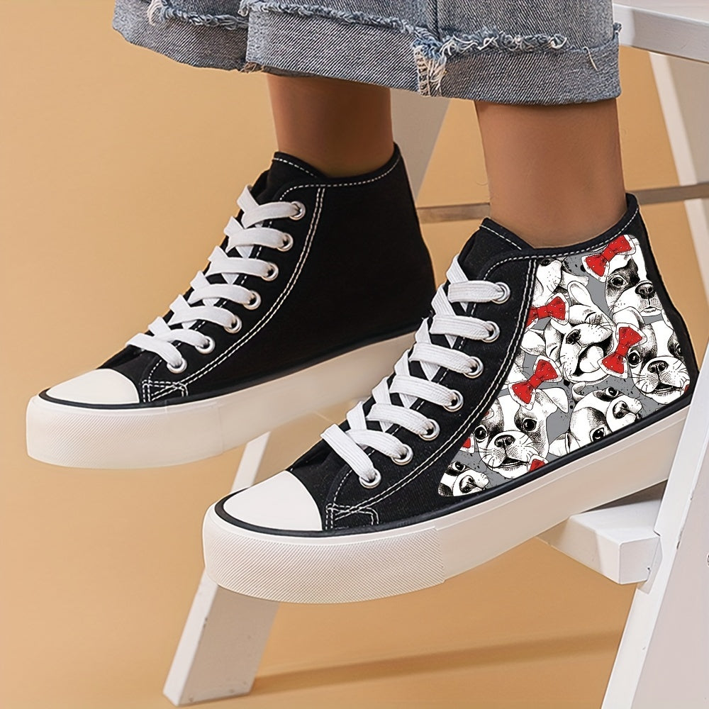Women's Bow Pet Dogs Pattern Lace Up Canvas High Top Shoes