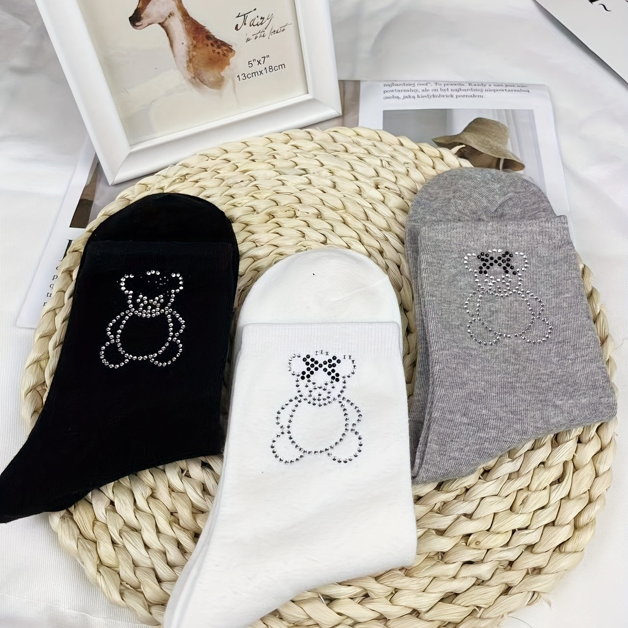 Bear Pattern Rhinestone Socks Mid Tube Women's Stockings