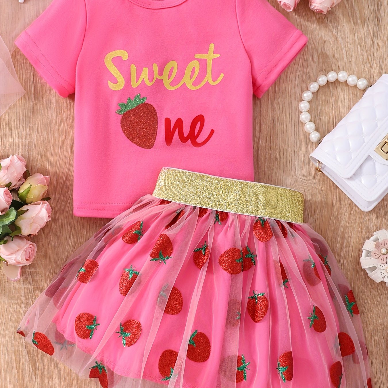 2pcs Girls Strawberry Graphic T Shirt Top & Glitter Tape Mesh Skirt Set